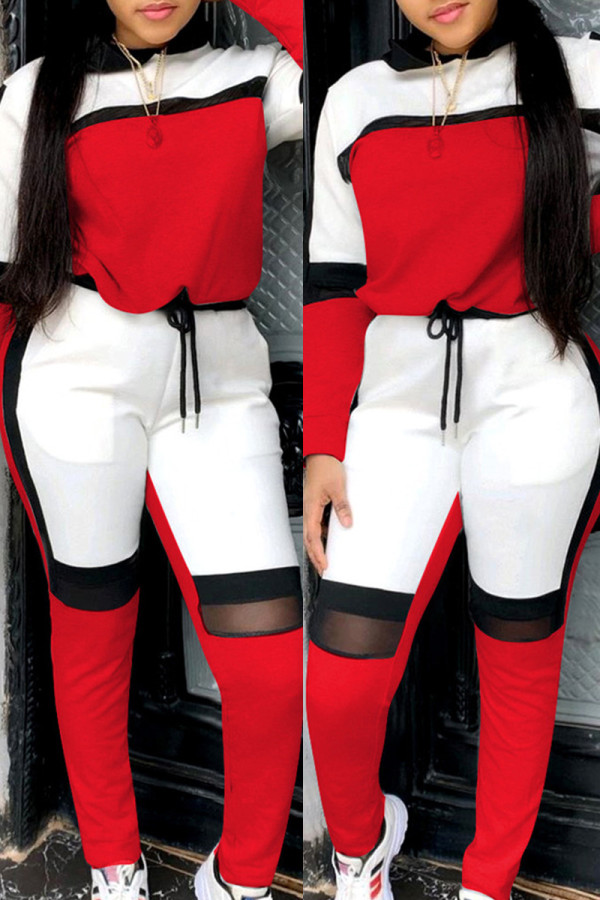 Красные модные повседневные лоскутные базовые с круглым вырезом и длинным рукавом из двух частей