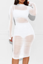 Белый модный сексуальный однотонный прозрачный комплект из трех предметов с круглым вырезом и длинным рукавом