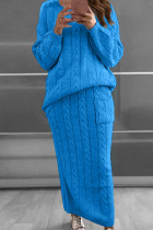カラー ブルー ファッション カジュアル 無地 パッチワーク Oネック 長袖 ツーピース