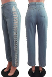 Lichtblauwe Street Solid Ripped Make Old Patchwork Straight Denim Jeans met hoge taille