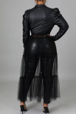 Zwarte mode casual effen patchwork kraag tops