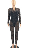 Black Sexy Solid Patchwork See-through Fold Zipper Collar Regular Jumpsuits (Two Pieces)