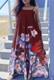 レッドファッションカジュアルプリントバックレススパゲッティストラップロングドレスドレス