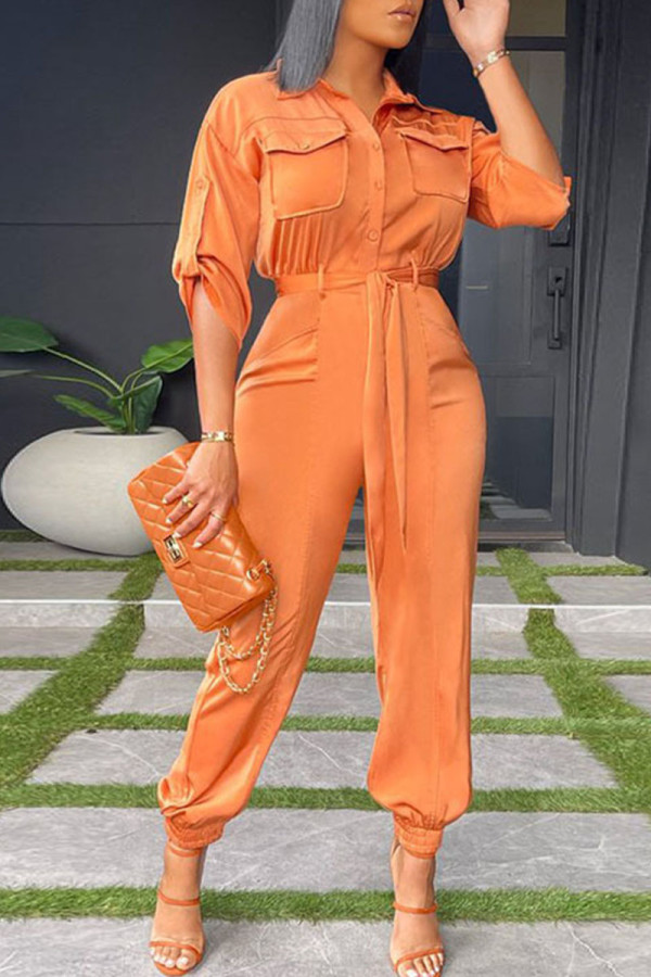 Tangerine Red Casual Solid Patchwork Gesp Turndown Collar Straight Jumpsuits