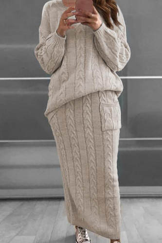 Apricot Fashion Casual Solid Patchwork O Neck Long Sleeve Two Pieces