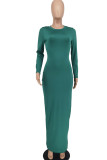 グリーン カジュアル ソリッド パッチワーク O ネック ワン ステップ スカート ドレス