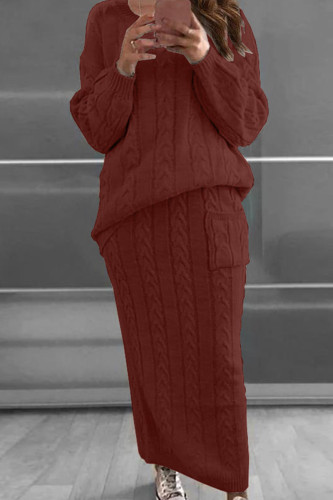 Burgundy Fashion Casual Solid Patchwork O Neck Long Sleeve Two Pieces
