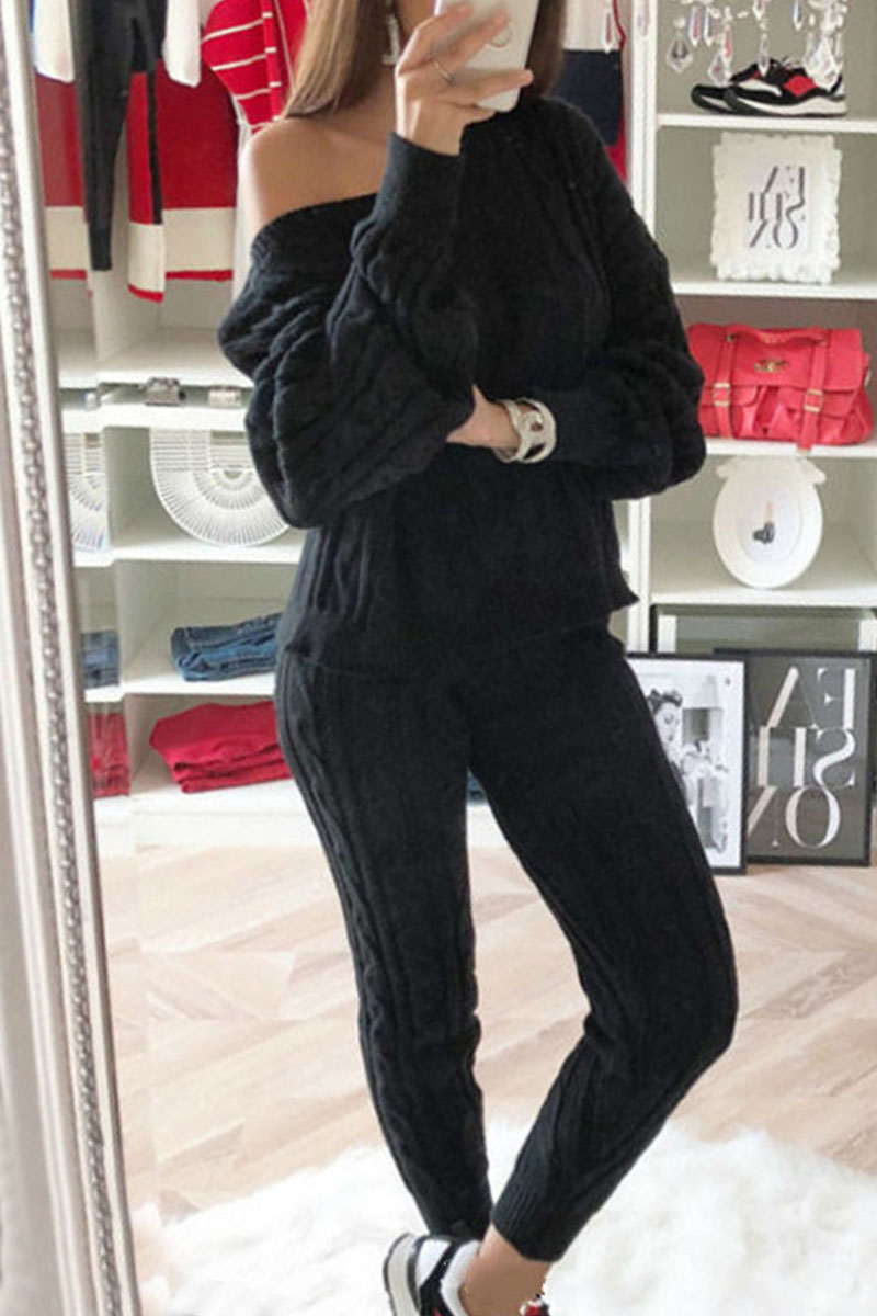 

Black Fashion Casual Long Sleeve Oblique Collar Regular Sleeve Regular Solid Two Pieces