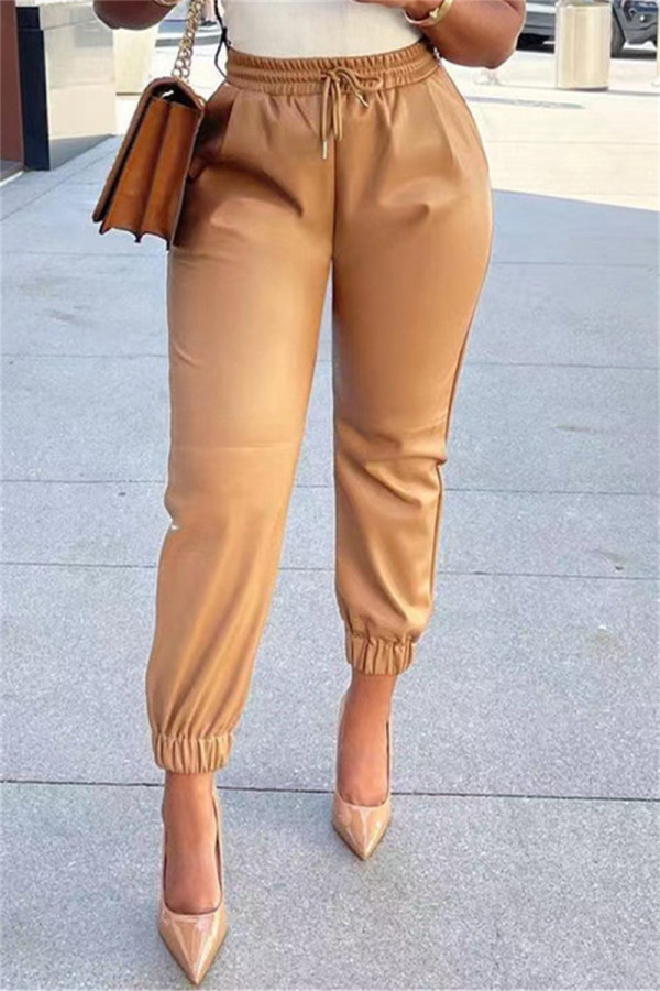 Kaki Fashion Casual Solid Basic Regular Taille haute Pantalon