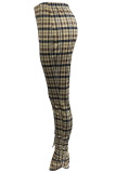 Brown Fashion Casual Plaid Print Basic Regular High Waist Pencil Trousers