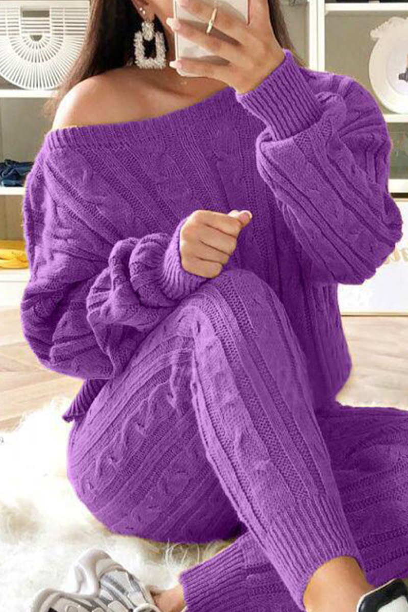 

Red Purple Fashion Casual Long Sleeve Oblique Collar Regular Sleeve Regular Solid Two Pieces