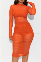 Set di tre pezzi a maniche lunghe con scollo a O trasparente sexy alla moda arancione