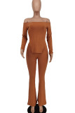 Apricot Casual Solid Patchwork Slit Off the Shoulder Long Sleeve Two Pieces