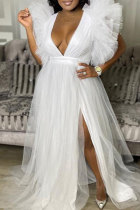 Vestidos de talla grande con cuello en V y abertura sólida de moda blanca
