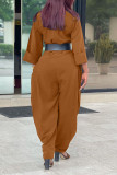 Brown Casual Solid Patchwork Buckle Turndown Collar Loose Jumpsuits (Without Belt)