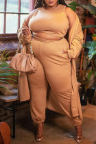 Khaki Fashion Casual Solid Cardigan Westen Hosen O-Ausschnitt Plus Size Dreiteiliges Set