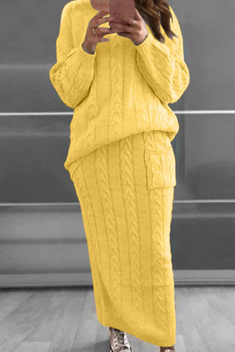 Golden Yellow Fashion Casual Solid Patchwork O Neck Long Sleeve Two Pieces