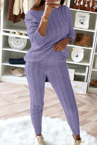 Light Purple Fashion Casual Long Sleeve Oblique Collar Regular Sleeve Regular Solid Two Pieces