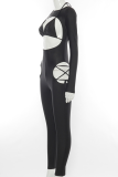 Black Casual Solid Hollowed Out Patchwork O Neck Skinny Jumpsuits