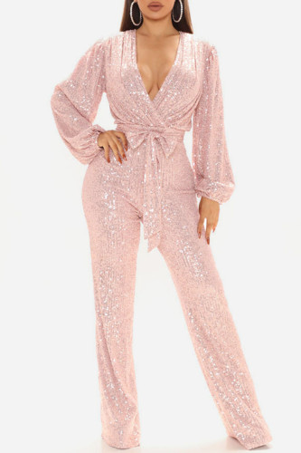 Pink Sexy Solid Patchwork With Belt V Neck Straight Jumpsuits