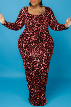 ブルゴーニュファッションカジュアルプリントヒョウベーシックOネック長袖プラスサイズのドレス