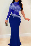 Синее модное сексуальное вечернее платье с водолазкой в ​​стиле пэчворк