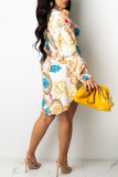 Yellow Casual Print Patchwork Buckle With Belt Turndown Collar Shirt Dress Dresses