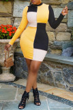 マルチカラーファッションカジュアルパッチワークベーシックOネック長袖プラスサイズのドレス