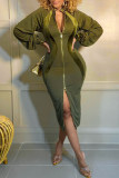 Groene mode casual effen patchwork rits kraag lange mouwen jurken