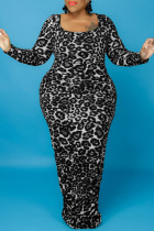 Vestidos pretos moda casual estampa leopardo básico gola redonda manga longa plus size