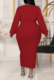 Red Fashion Casual Solid Bandage O Neck Plus Size Two Pieces