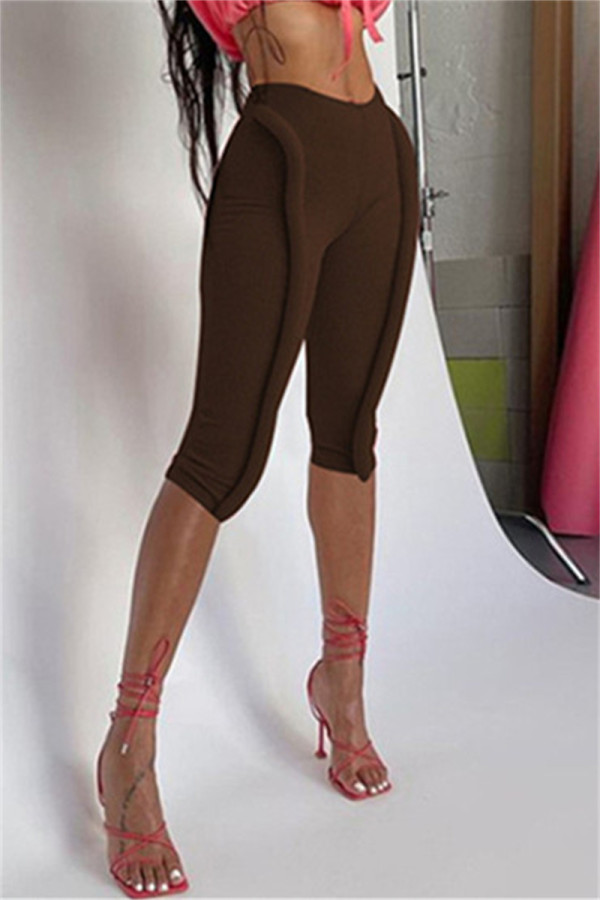 Coffee Fashion Casual Solid Basic Skinny Hose mit hoher Taille