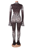 Leopardtryck Casual Animal Print Patchwork Half A Turtleneck Boot Cut Jumpsuits