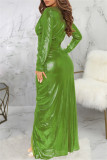 Grönt mode Sexiga bronzing slits V-hals långärmade klänningar
