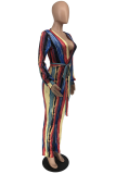 Multicolor Sexy Print Patchwork V Neck Straight Jumpsuits