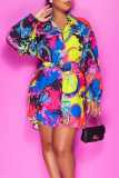 ピンク パープル カジュアル プリント パッチワーク バックル ベルト付き ターンダウンカラー シャツ ドレス ドレス