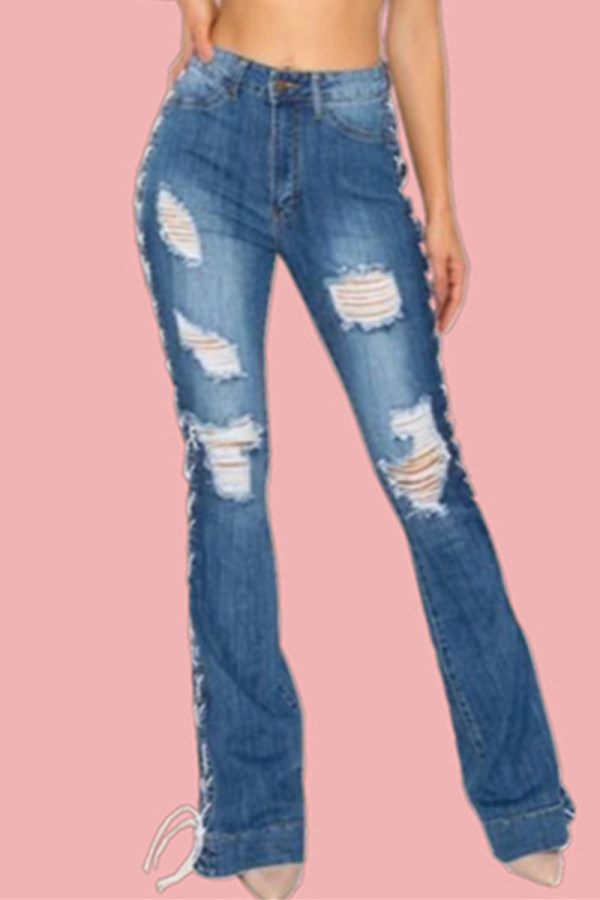Blauwe mode casual effen gescheurde bandage hoge taille regular denim jeans