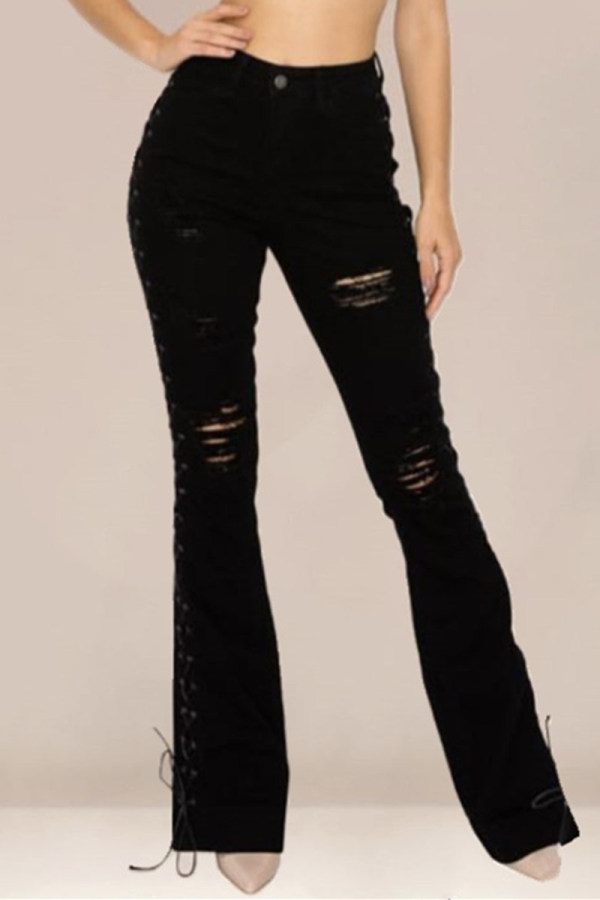 Jeans de mezclilla regular de cintura alta con vendaje rasgado sólido casual de moda negro