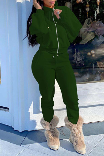 Army Green Casual Solid Patchwork Zipper Zipper Collar Long Sleeve Two Pieces