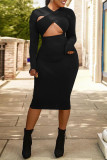 Schwarze, sexy, einfarbige, ausgehöhlte Patchwork-Kleider mit V-Ausschnitt und einstufigem Rock