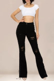 Jeans jeans preto moda casual sólido rasgado bandagem cintura alta regular