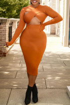 Tangerine Sexy solide ausgehöhlte Patchwork-Kleider mit V-Ausschnitt und einstufigem Rock