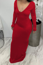 Rode sexy effen patchwork jurken met V-hals