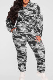 Grå Casual Print Camouflage Print Patchwork Hooded Collar Plus Size Two Pieces