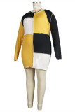 Vestidos multicoloridos moda casual patchwork básico com gola redonda manga longa plus size
