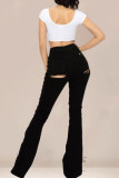 Black Fashion Casual Solid Ripped Bandage High Waist Regular Denim Jeans