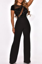 Black Fashion Sexy Patchwork Sequins See-through O Neck Regular Jumpsuits