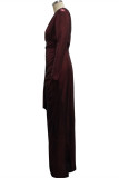 Vestidos de manga comprida marrom sexy bronze com fenda e decote em V