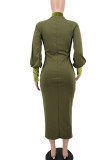 グリーン ファッション カジュアル ソリッド パッチワーク ジッパー カラー ロング スリーブ ドレス