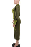 グリーン ファッション カジュアル ソリッド パッチワーク ジッパー カラー ロング スリーブ ドレス